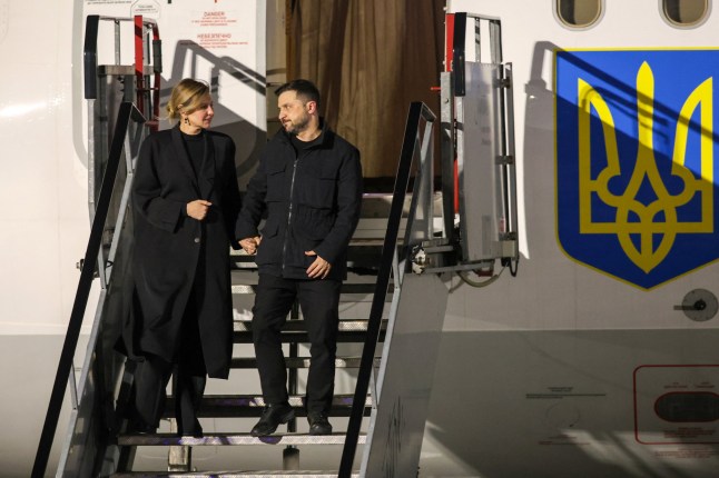 Ukraine's President Volodymyr Zelensky and Ukraine's First Lady, Olena Zelenska disembark at Dublin Airport, north of Dublin, on December 1, 2025.