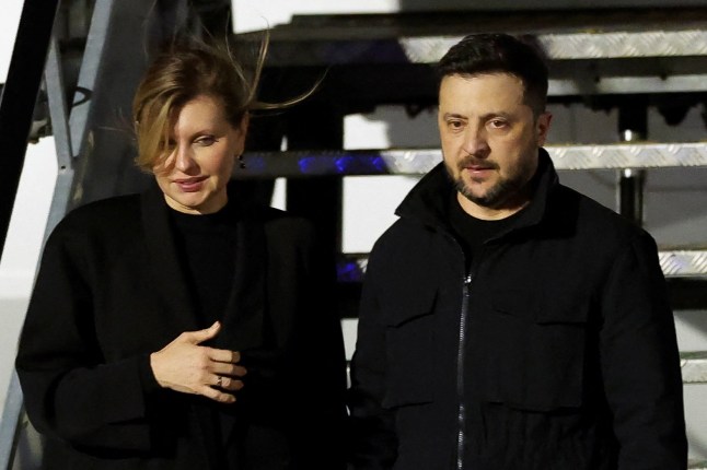 Ukrainian President Volodymyr Zelensky and first lady Olena Zelenska arrive for an official Irish state visit at Dublin Airport on December 1, 2025 in Dublin, Ireland.