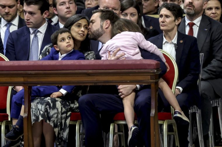 VATICAN CITY, VATICAN - APRIL 18: U.S. Vice President JD Vance, his wife second lady Usha Vance and their children attend Mass on Good Friday at St. Peter's Basilica on April 18, 2025 in Vatican City, Vatican (Photo by Alessandra Benedetti - Corbis/Corbis via Getty Images)
