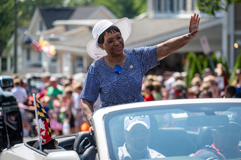 Adrienne Jones, Speaker of the Maryland House of Delegates, rides in the Catonsville Independence Day Parade, July 4, 2025.