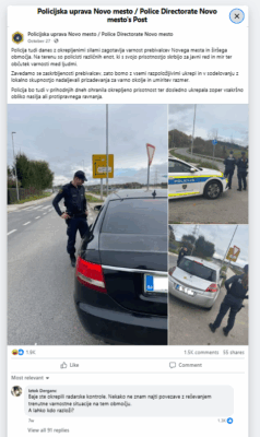 Facebook post made by the Police Directorate in Novo Mesto