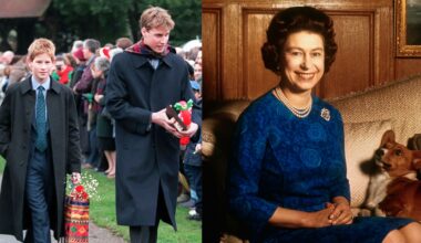 Prince William and Prince Harry walking with gifts on Christmas; Queen Elizabeth sitting in a blue dress next to a corgi