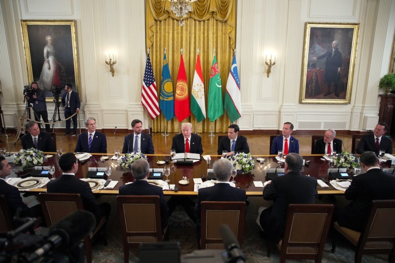 U.S. President Donald Trump, center, joined by lawmakers and members of his administration, delivers remarks during a dinner with leaders of Central Asian countries in the East Room of the White House in Washington on Nov. 6.