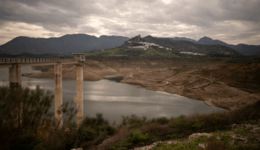 This photograph shows a view of the Zahara-El Gastor reservoir in Zahara de la Sierra in the southern province of Cadiz, during a drought episode on December 29, 2023.