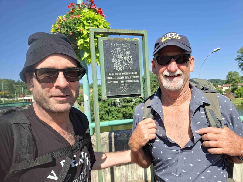 Richard Fitzpatrick and Mark Rutherford on the bridge in Saint-Girons, France, at the start of Le Chemin de la Liberté