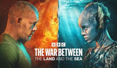 Promotional material for "The War Between the Land and the Sea" showing a face-off between Barclay (Russell Tovey) and Salt (Gugu Mbatha-Raw). Barclay stands in front of a fiery background, while Salt stands before water, and the movie's title sits between them.