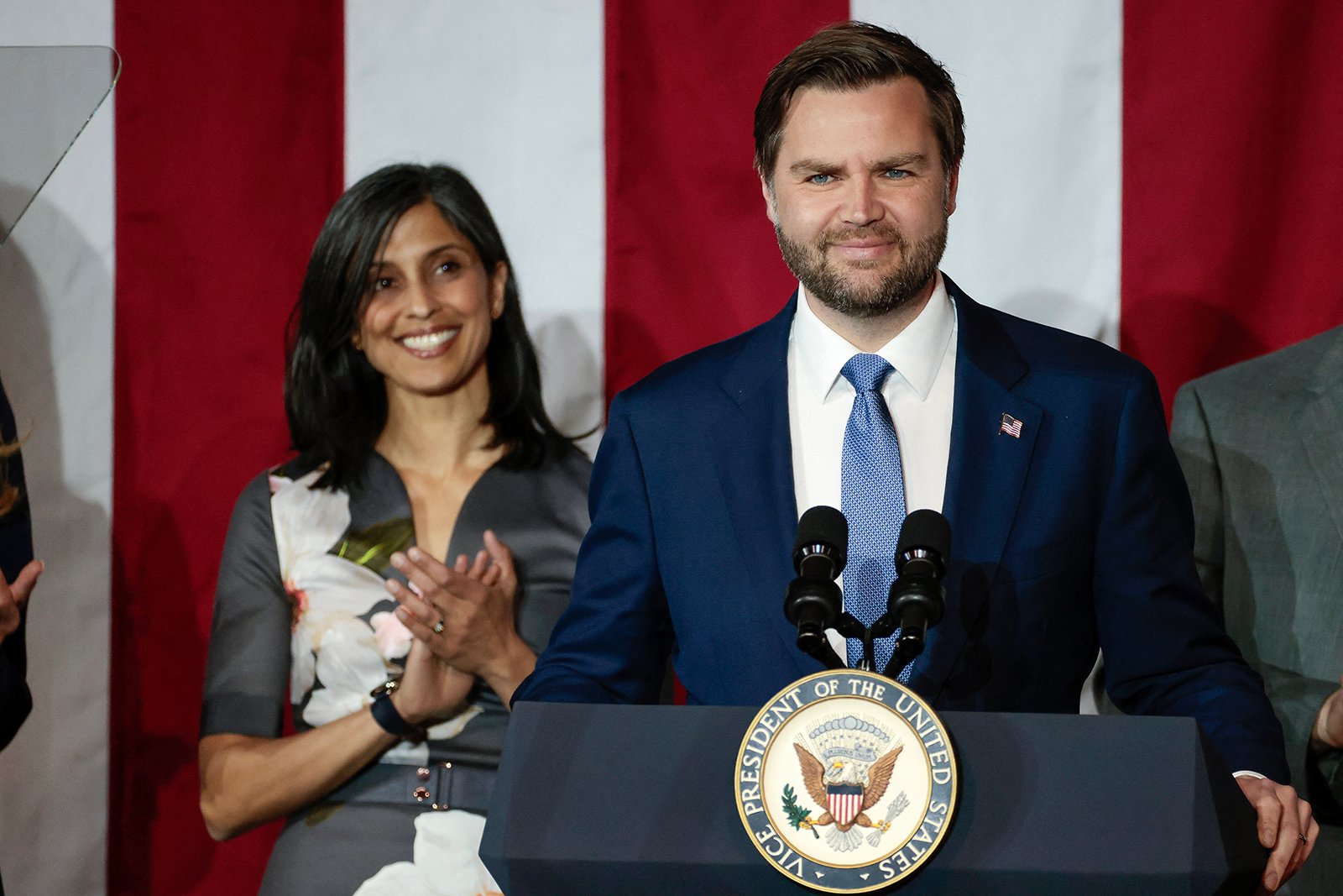 US Vice President JD Vance join by his wife Usha Vance, speaks at Vantage Plastics