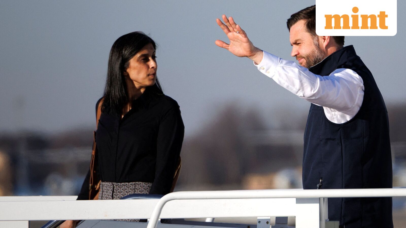 U.S. Second Lady Usha Vance and her husband, Vice President JD Vance, exit Air Force Two at Joint Base Andrews in Maryland, U.S., December 16, 2025. Tom Brenner for The New York Times/Pool via REUTERS