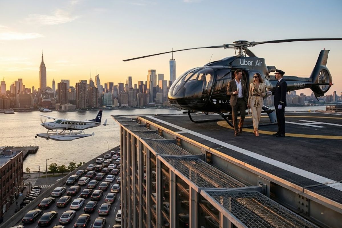 Uber lança categoria aérea com Blade vendendo voos de helicóptero e hidroavião e reforça estratégia global de mobilidade aérea premium voltada a super ricos.