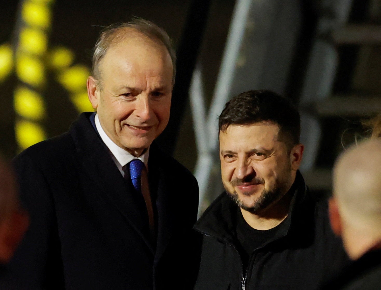 Irish Taoiseach Micheal Martin stands with Ukrainian president Volodymyr Zelensky as he arrives for an Irish state visit at Dublin Airport