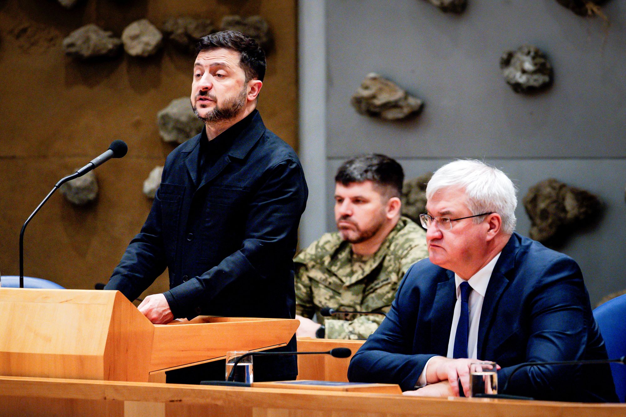 Ukrainian president Volodymyr Zelensky addresses the House of Representatives, as he visits The Hague for a conference to discuss compensation for Ukraine for the consequences of Russian aggression, Netherlands, 16 December 2025