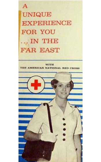 American Red Cross recruitment flyer, 1963. A photo of a woman is used for the flyer.