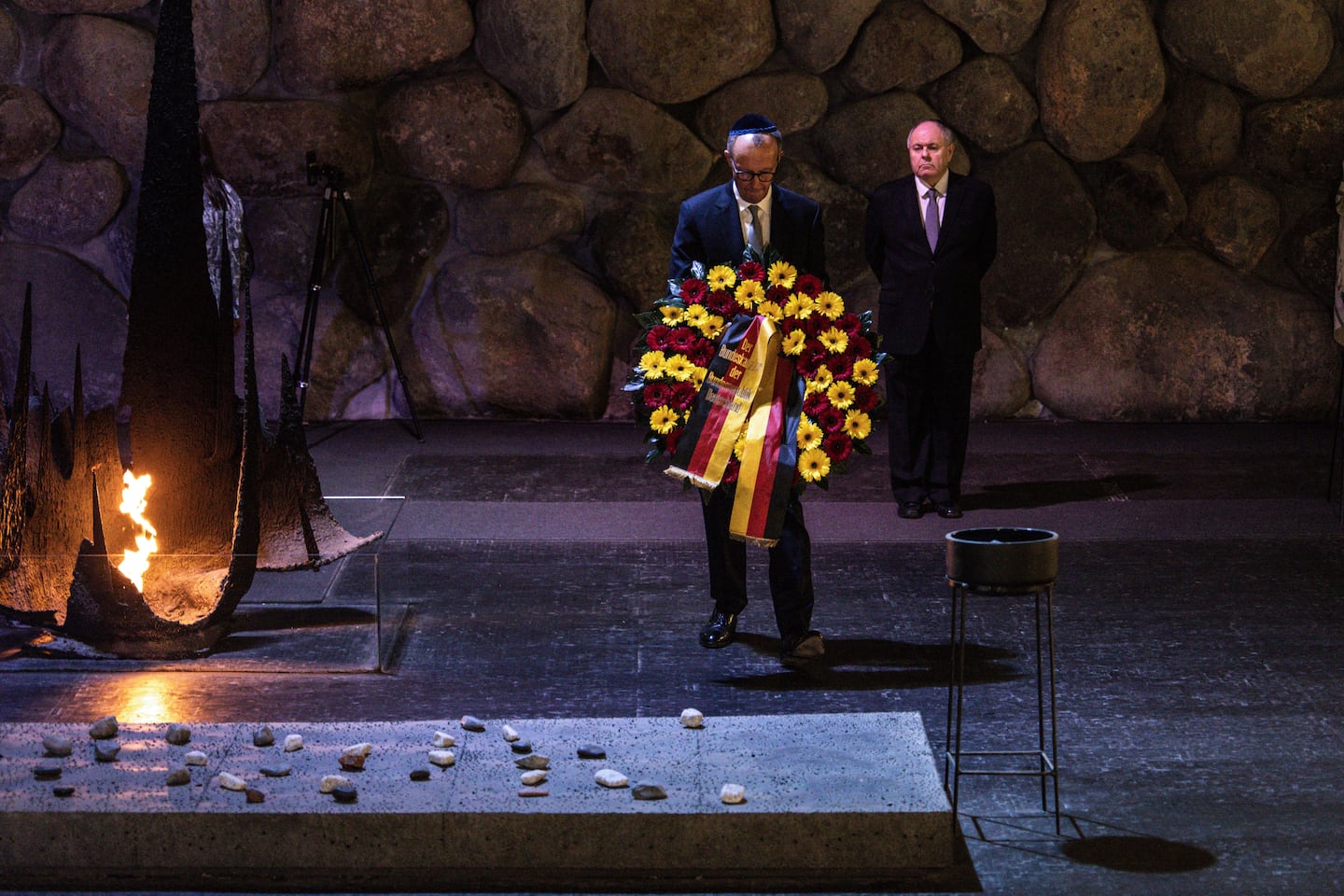 German Chancellor Friedrich Merz laid a wreath at the Hall of Remembrance during his visit to the Yad Vashem Holocaust Memorial Museum in Jerusalem on Sunday.