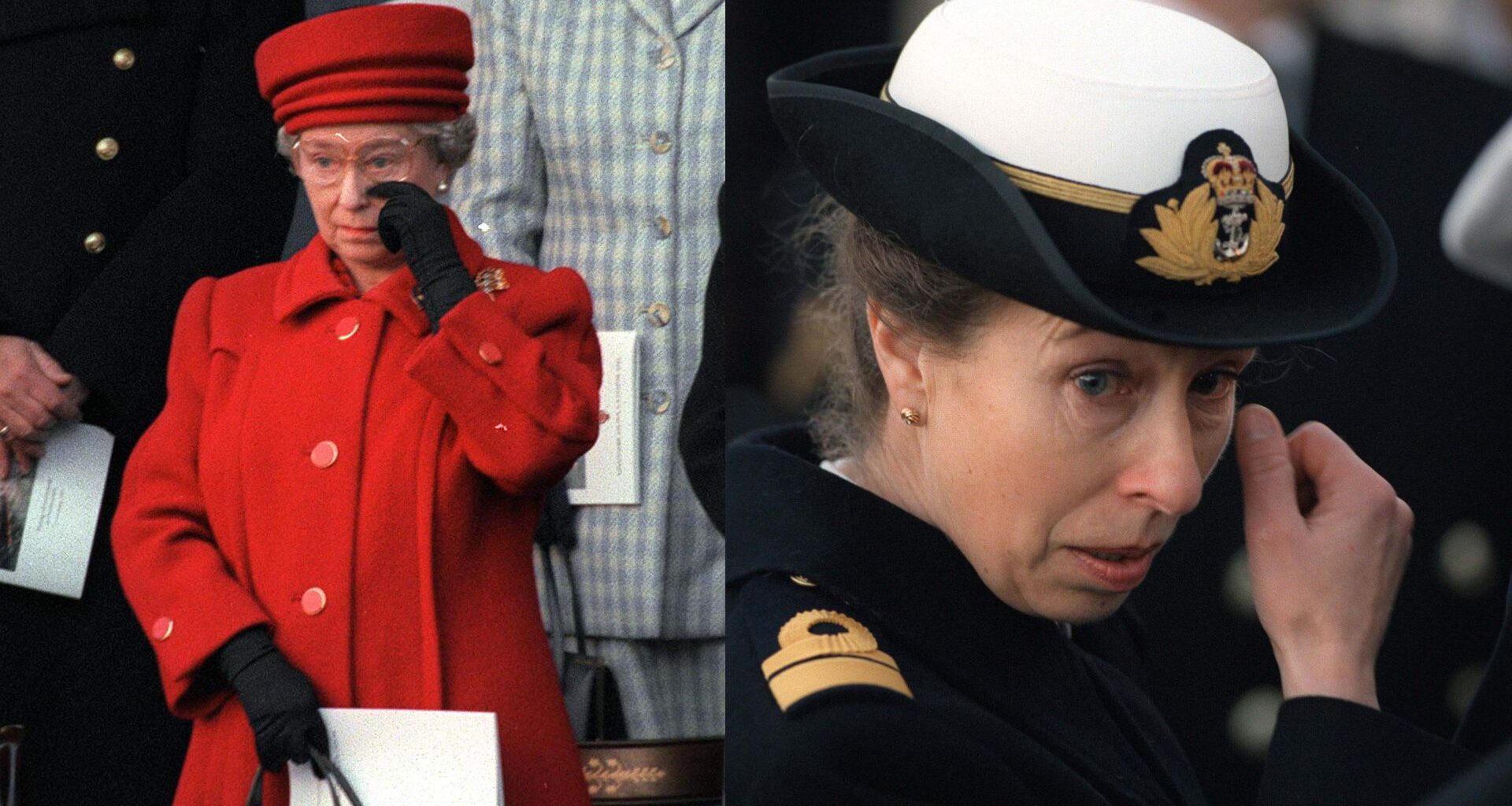 Queen Elizabeth wearing a red coat crying and Princess Anne in a naval uniform crying