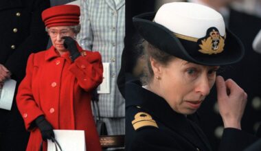Queen Elizabeth wearing a red coat crying and Princess Anne in a naval uniform crying