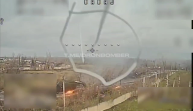 A swarm of Ukrainian FPV drones attacking a Russian armored vehicle near Kostyantynivka
