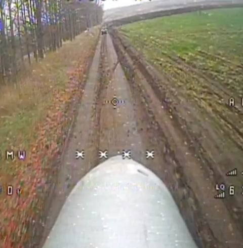 A Russian FPV drone ricocheted off a UAF vehicle, giving the crew time to escape. Unknown location. Published 17.12.2025