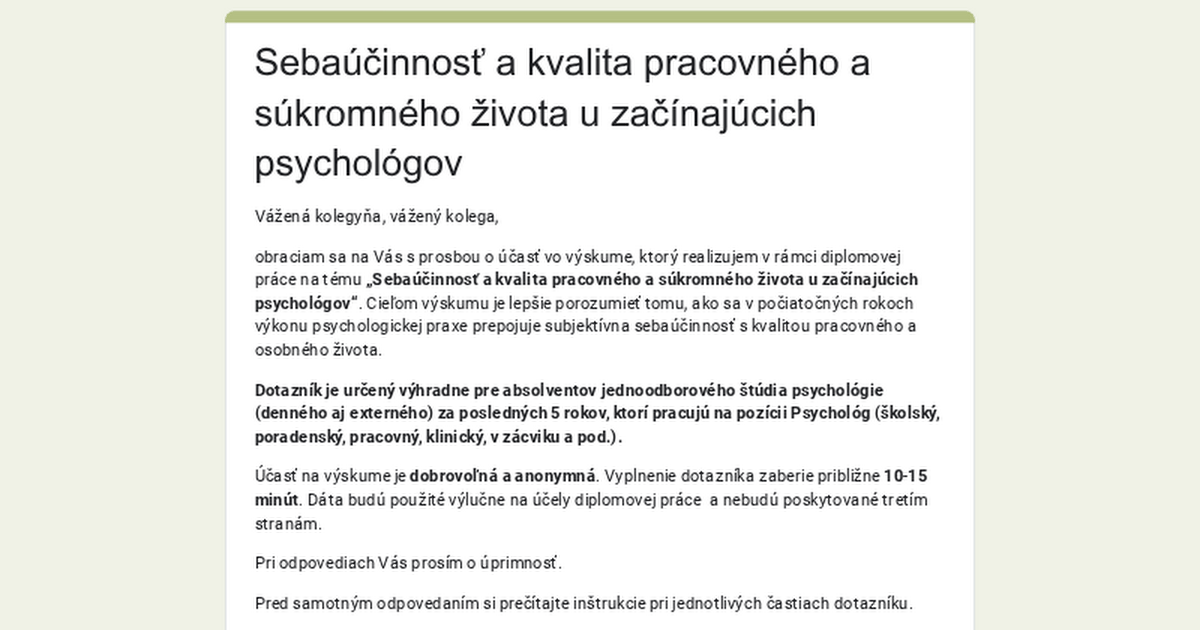 Výskum sebaúčinnosti u začínajúcich psychológov