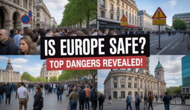 A collage of crowded tourist areas in london, paris, and berlin, with warning signs about theft and crime. Overlay text reads &lsquo;is europe safe? Top dangers revealed! &rsquo; with eye-catching colors and alert icons. "