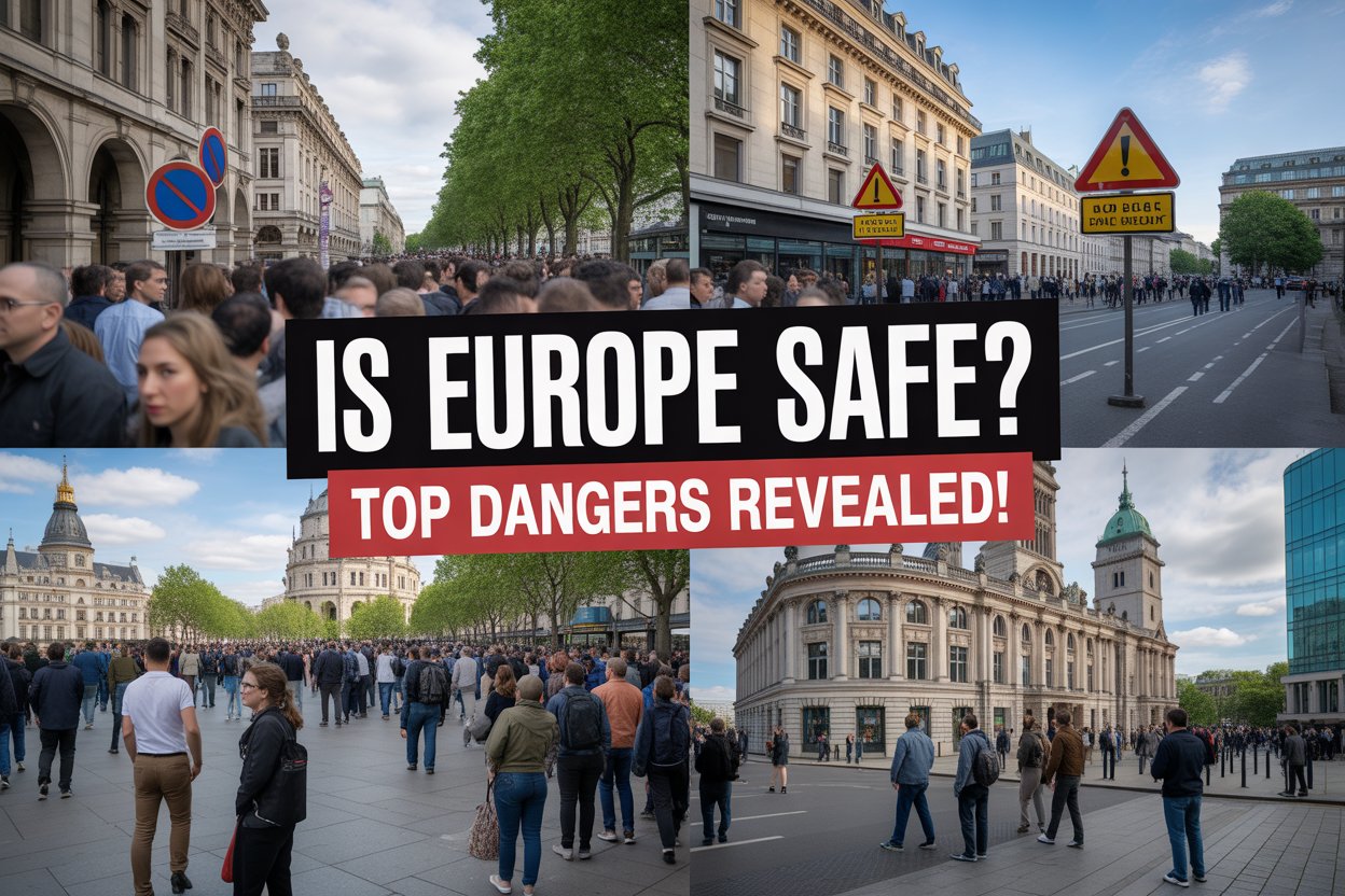 A collage of crowded tourist areas in london, paris, and berlin, with warning signs about theft and crime. Overlay text reads &lsquo;is europe safe? Top dangers revealed! &rsquo; with eye-catching colors and alert icons. "
