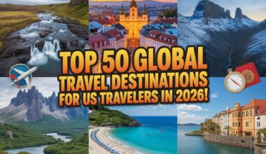 "a dynamic youtube thumbnail collage featuring iceland, czech republic, argentina, austria, philippines, and malta. Include realistic, scenic images such as icelandic waterfalls, the historic architecture of prague, patagonia&rsquo;s dramatic landscapes, the alps in austria, a tropical beach in the philippines, and the mediterranean charm of malta. Overlay the text 'top 50 global travel destinations for us travelers in 2026! ' in bold, eye-catching font, with vibrant colors and travel-themed icons to grab attention and intrigue viewers. "