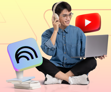 A young man using a laptop and headphones, sitting between a floating YouTube and NotebookLM logos.
