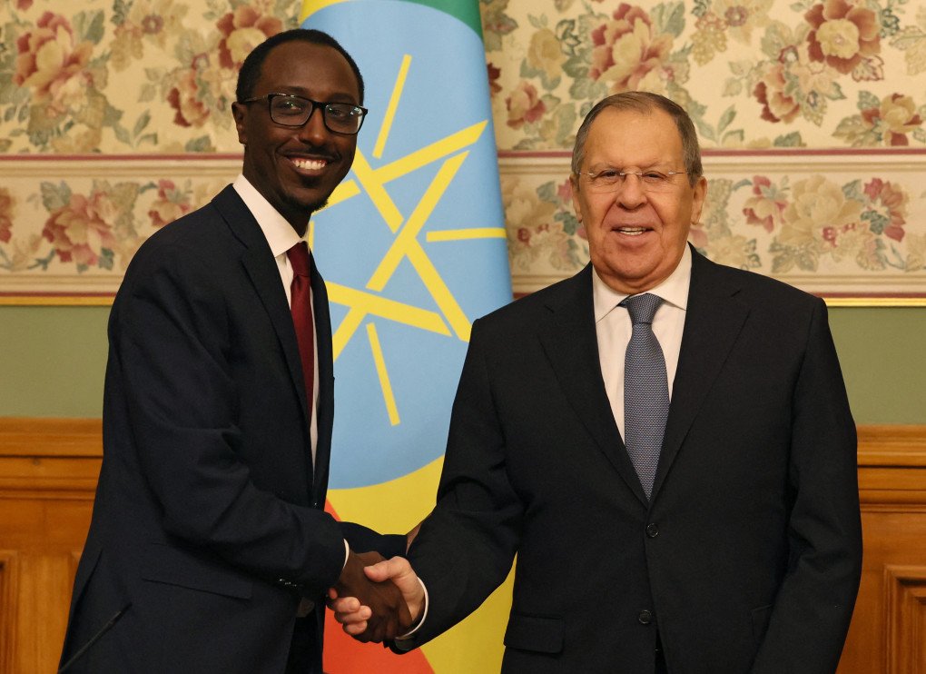 Russian Foreign Minister Sergei Lavrov with Ethiopian Foreign Minister Gedion Timothewos following their meeting in Moscow, discussing the Nuclear Plant, October 2025. (Source: Shamil Zhumatov via Getty Images)