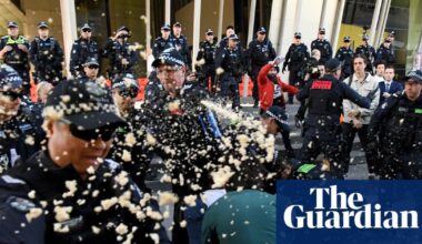 Australian climate protesters win groundbreaking class action against Victoria police over use of pepper spray | Potentially precedent-setting case brought after Jordan Brown hit with capsicum spray outside mining and resources conference in Melbourne in 2019