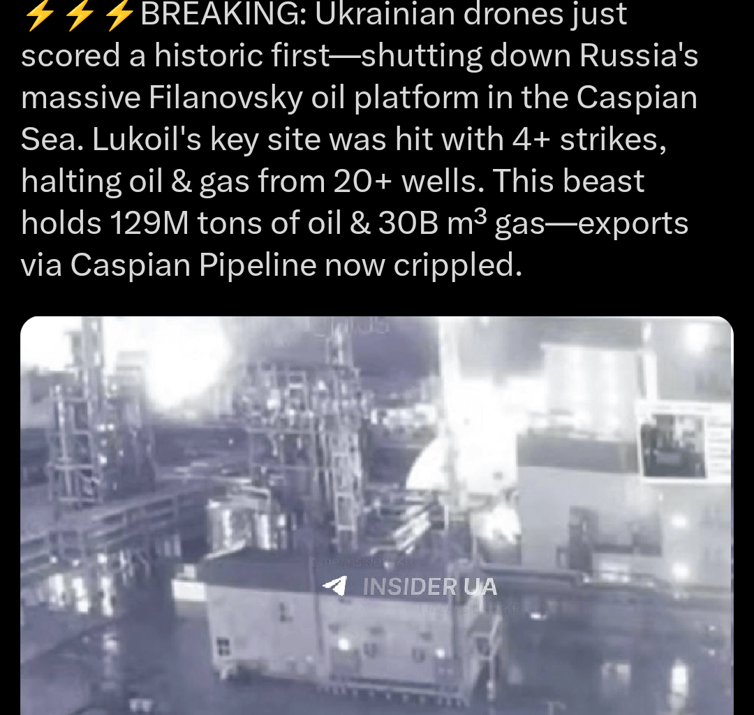 Ukraine has, for the first time, shut down russias Filanovsky oil platform with 4 strikes.