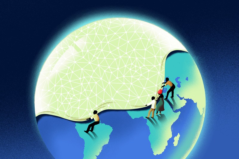 An illustration shows a tech-textured shape being pulled down to include the Southern hemisphere.