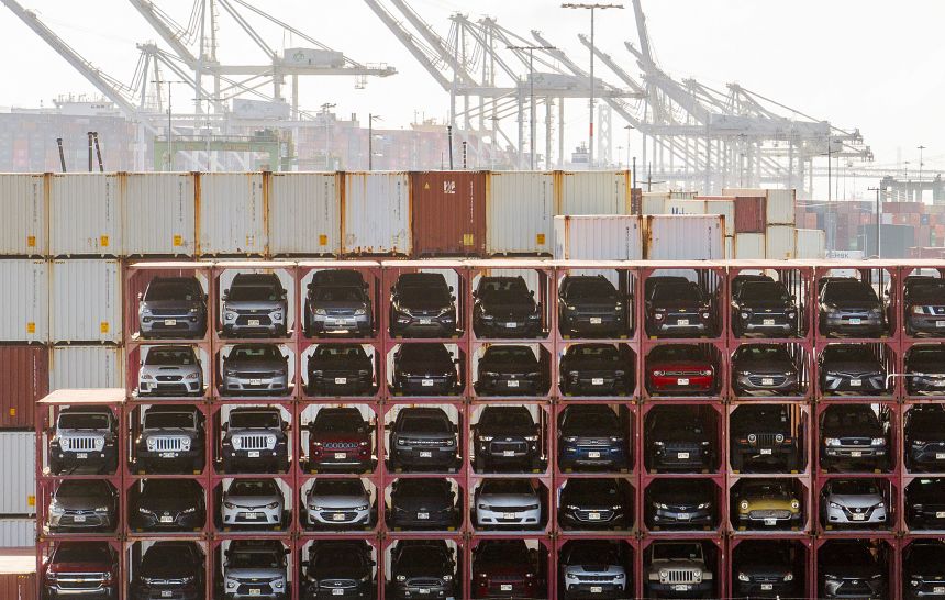 Vehicles line a shipping terminal at the Port of Oakland in California, on April 15.