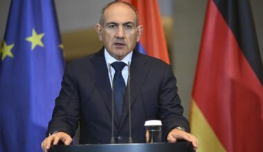 Armenian Prime Minister Nikol Pashinyan and German Chancellor Friedrich Merz (not seen) hold a joint press conference after their meeting in Berlin, Germany on Dec. 9, 2025. (AA Photo)