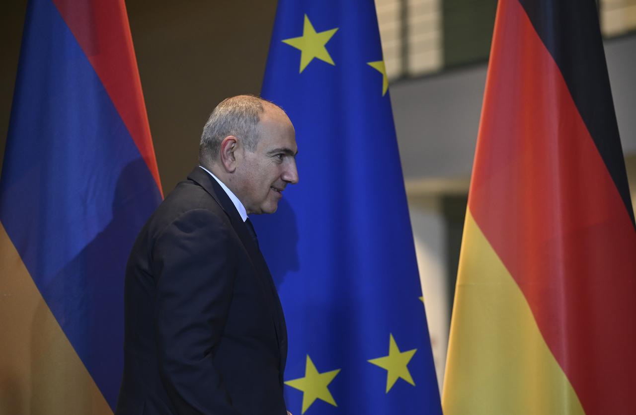 Armenian Prime Minister Nikol Pashinyan and German Chancellor Friedrich Merz (not seen) hold a joint press conference after their meeting in Berlin, Germany on Dec. 9, 2025. (AA Photo)