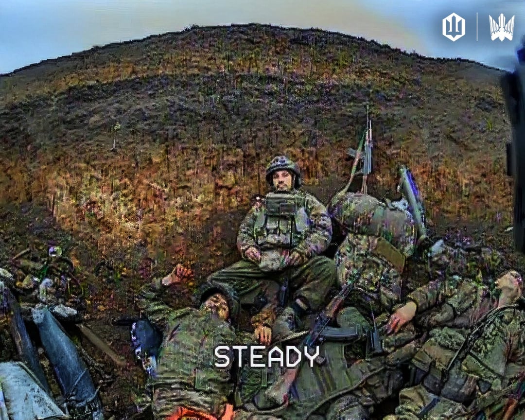 Drone POV: Last remaining Russian infantry sits on a pile of corpses of his dead comrades, looking at the approaching FPV.