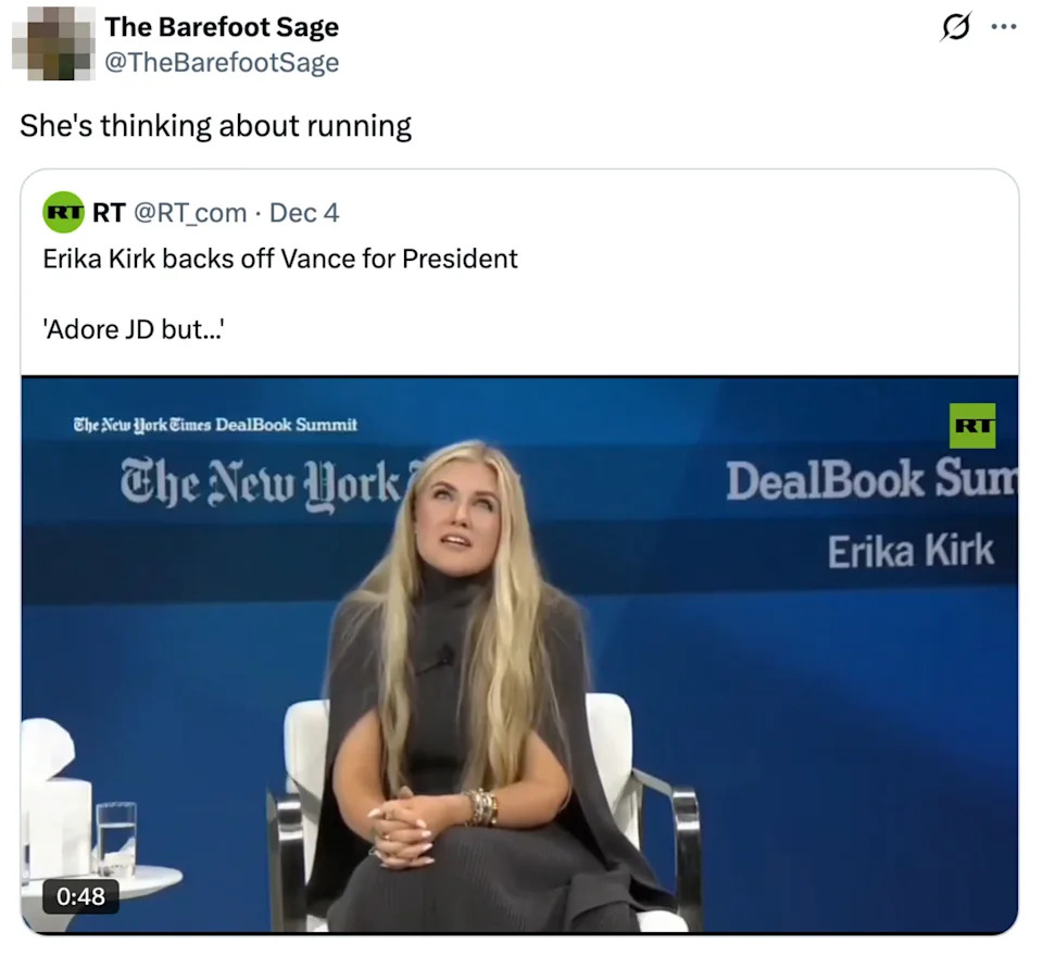 Woman sitting in an interview setting, speaking. Text on screen references Erika Kirk backing off Vance for President, with quote 'Adore JD but...'