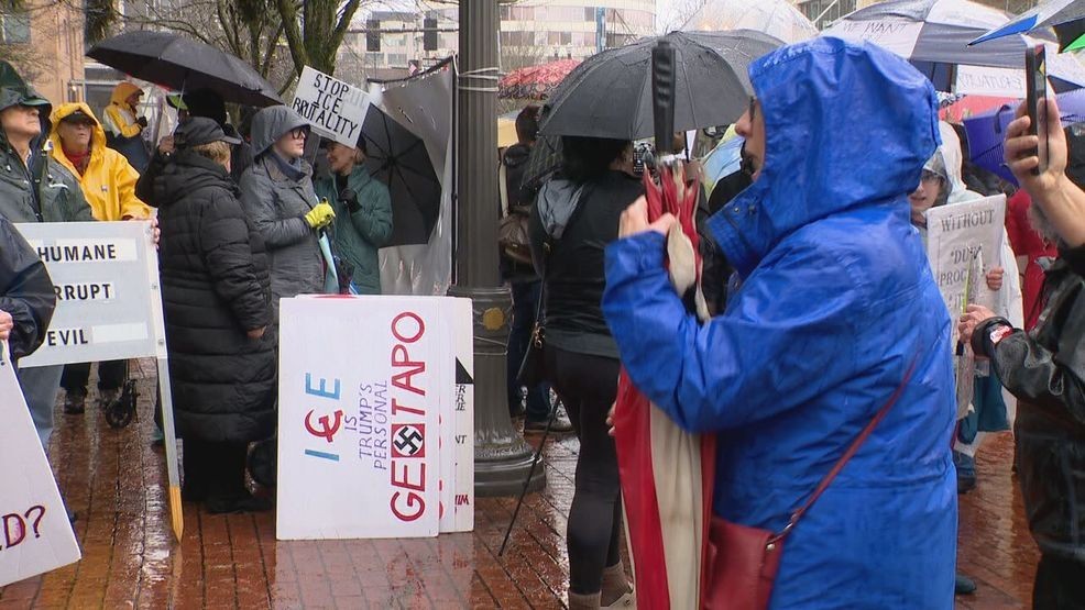A "Stop ICE Brutality" rally took place at noon today at Vancouver City Hall in response to an incident involving ICE agents and a local resident, in which federal officers allegedly ran over the man's foot with their vehicle. Dec. 8, 2025/Ric Peavyhouse, KATU News