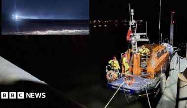 The all weather lifeboat John Sharp pictured at the Ferry Road lifeboat station following the search and (inset) the all weather lifeboat shown searching off Newburn Bridge.