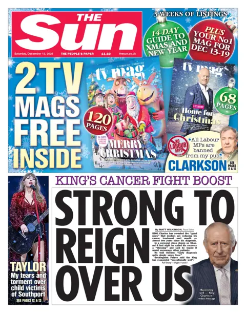 "King's cancer fight boost: Strong reign over us," reads the headline on the front page of the Sun.