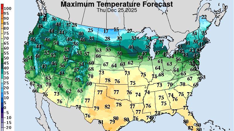 Close to two dozen U.S states, from parts of the Rockies to portions of the Appalachians, northward through much of the Plains and part of the Midwest, are forecast to experience temperatures that are 15-30 degrees above the historical average by Christmas Day