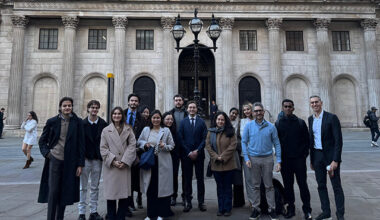 Students from the Banking and Finance Law LLM taking a group photo outside of the Bank of England.