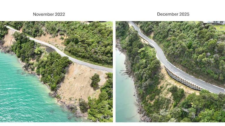 Before and after photos of work on Kenepuru Rd at Portage Heights. Marlborough Roads transport recovery manager Steve Murrin says road closures are necessary for the extent of works required.