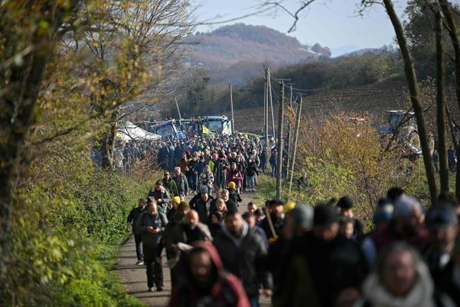 Protestors walk towards a roadblock during a demonstration against the slaughter of a 200-cow herd, in Les-Bordes-sur-Arize, in the Ariège department of southwestern France, on December 11, 2025. 