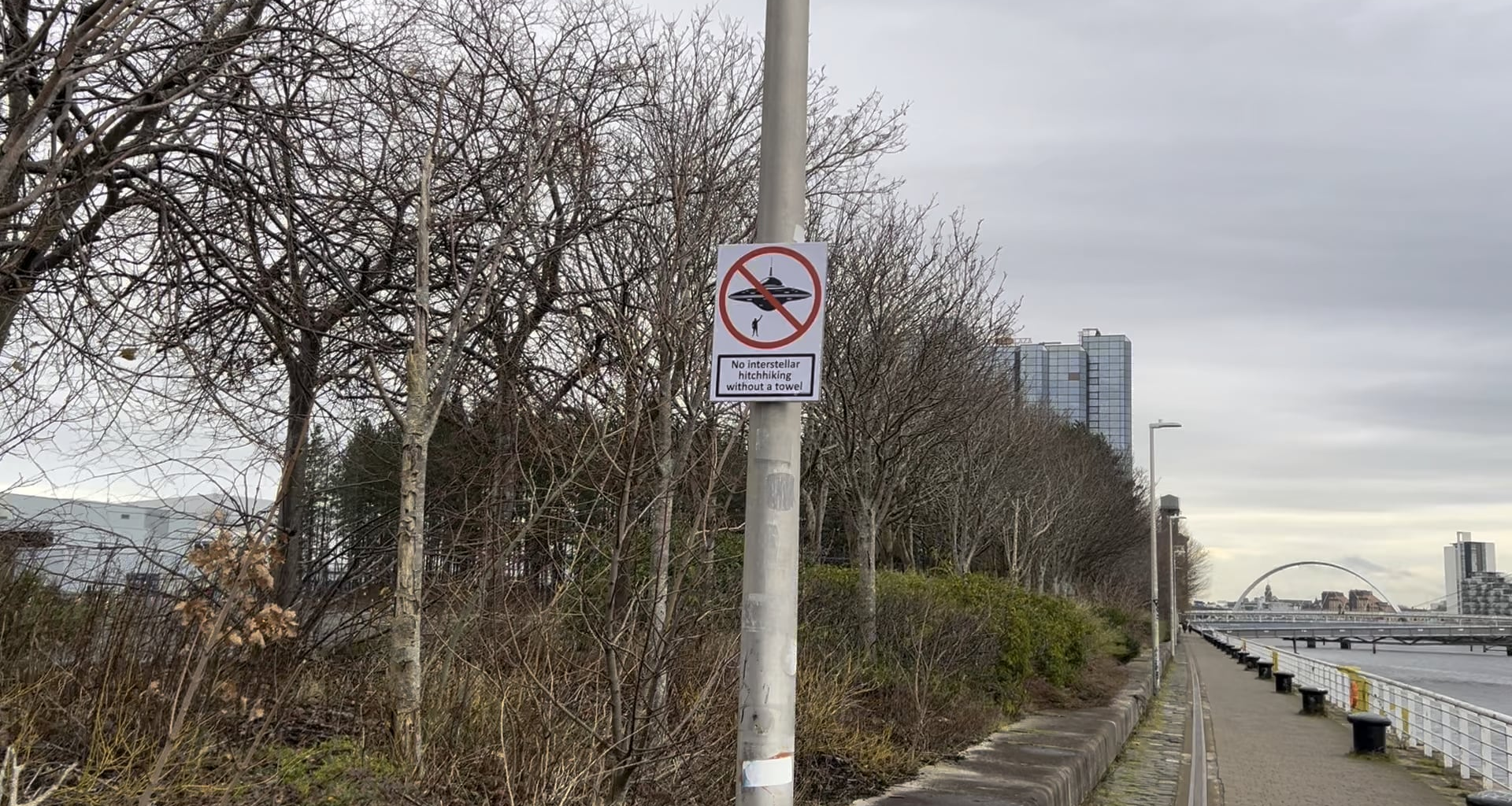 No interstellar hitchhiking without a towel (Glasgows Hitchhikers guide to the Galaxy art)