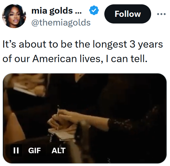 Tweet with the gif of a woman in church taking a girl's pen away and reading 'It’s about to be the longest 3 years of our American lives, I can tell.'