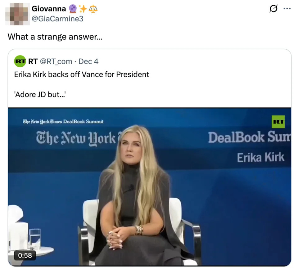 Woman sitting at panel discussion; caption reads "Erika Kirk backs off Vance for President." She says, "Adore JD but..."