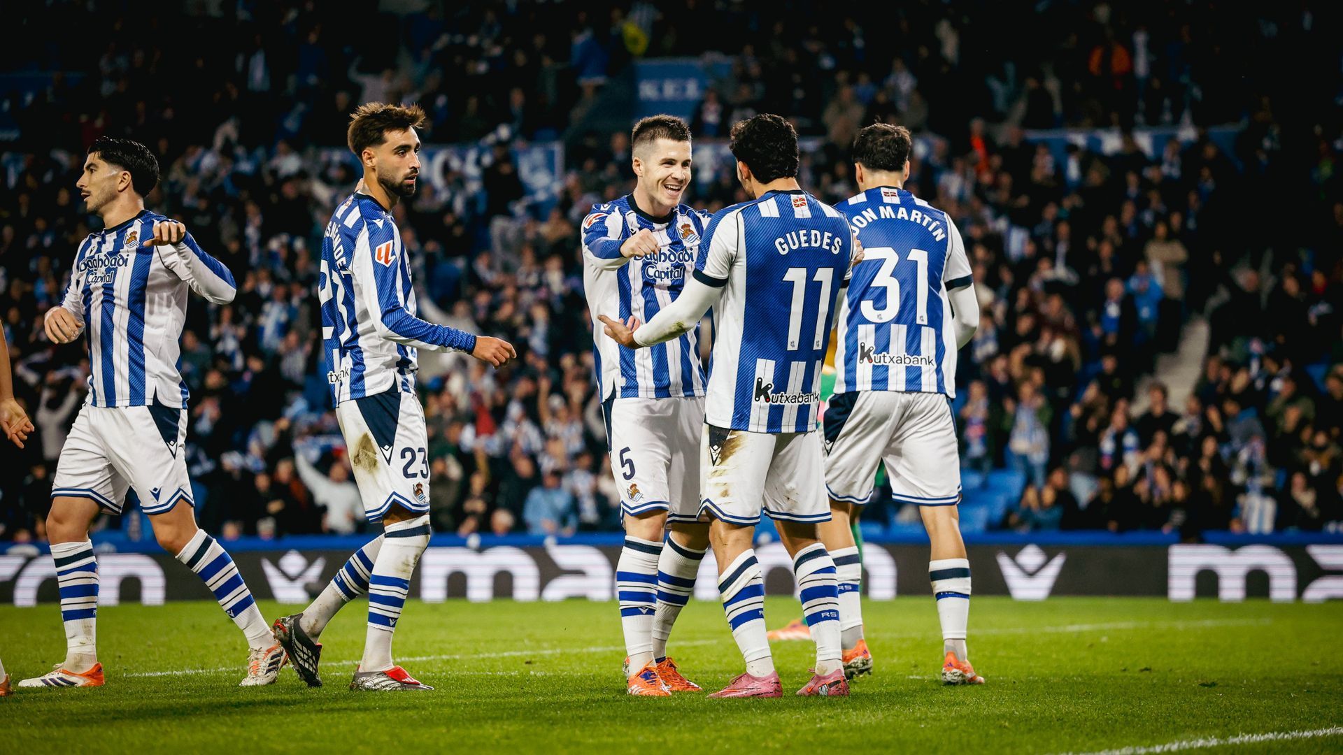 Celebración del gol de Guedes en el Real Sociedad-Girona