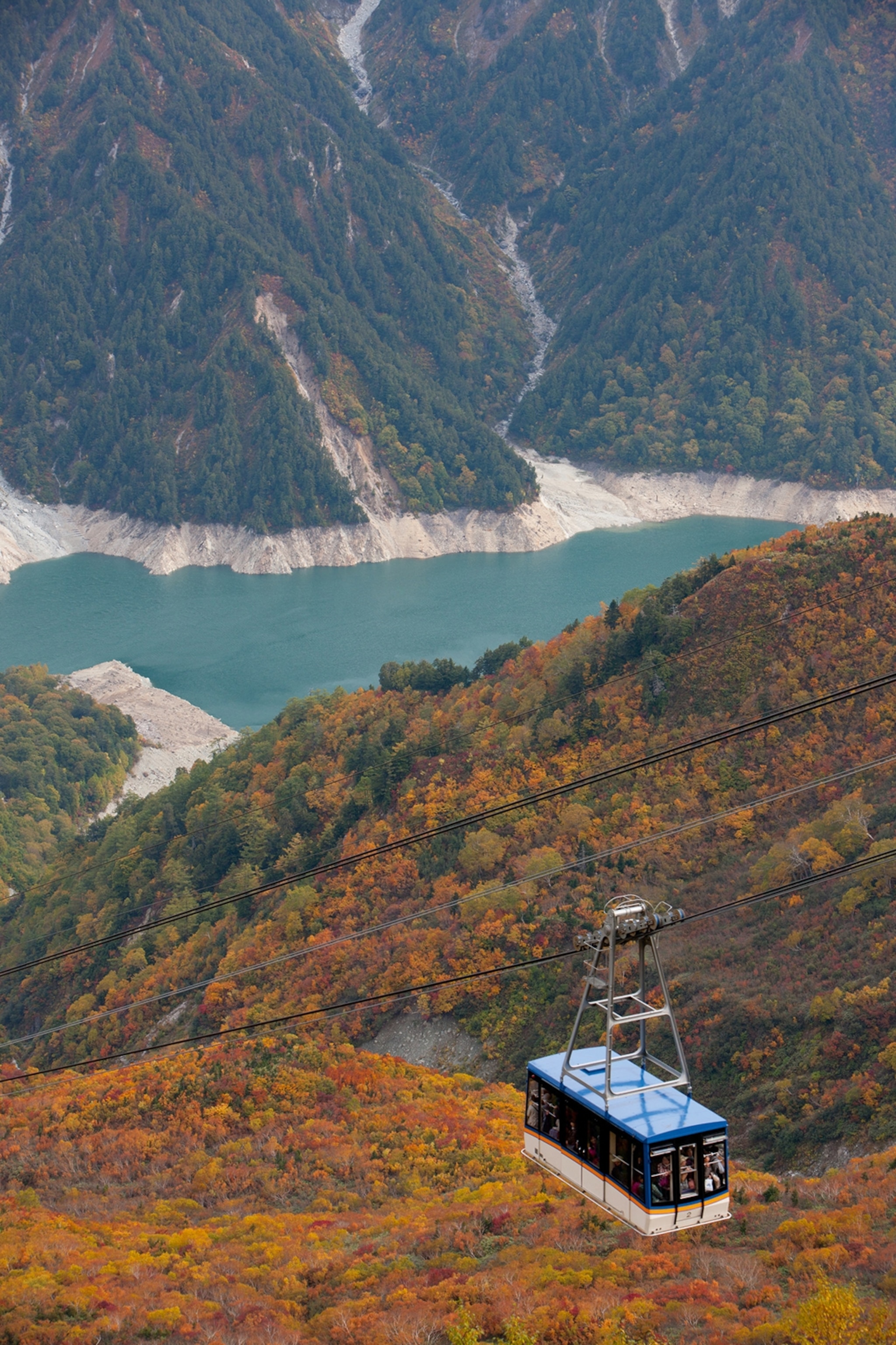A sole cable car descending on the side of a forested mountain and lake in the background.