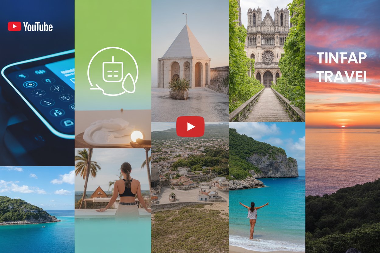Create a collage overlay featuring an ai-powered app screen, peaceful wellness retreat, hidden destination in reims, france, and a sunset over the caribbean. Use bright, dynamic colours and a 3:2 ratio for youtube to grab attention. Add subtle elements like eco-friendly travel icons and tiktok-style influencers in the background to reflect modern trends in 2025 travel.