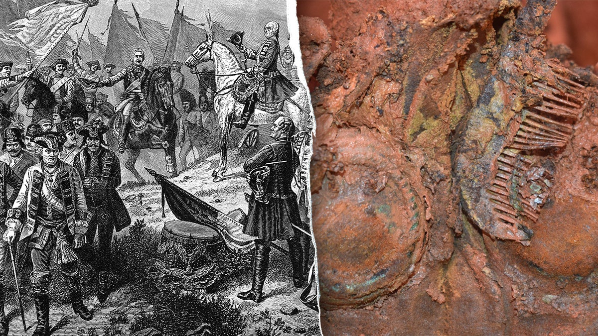 Split image of battle depiction, comb and artifacts from site