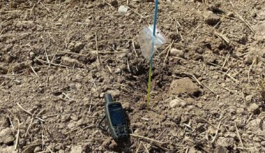 GPS device next to a flagged marker in a ploughed field at the western Czech site where 2,500-year-old Celtic treasure was found.